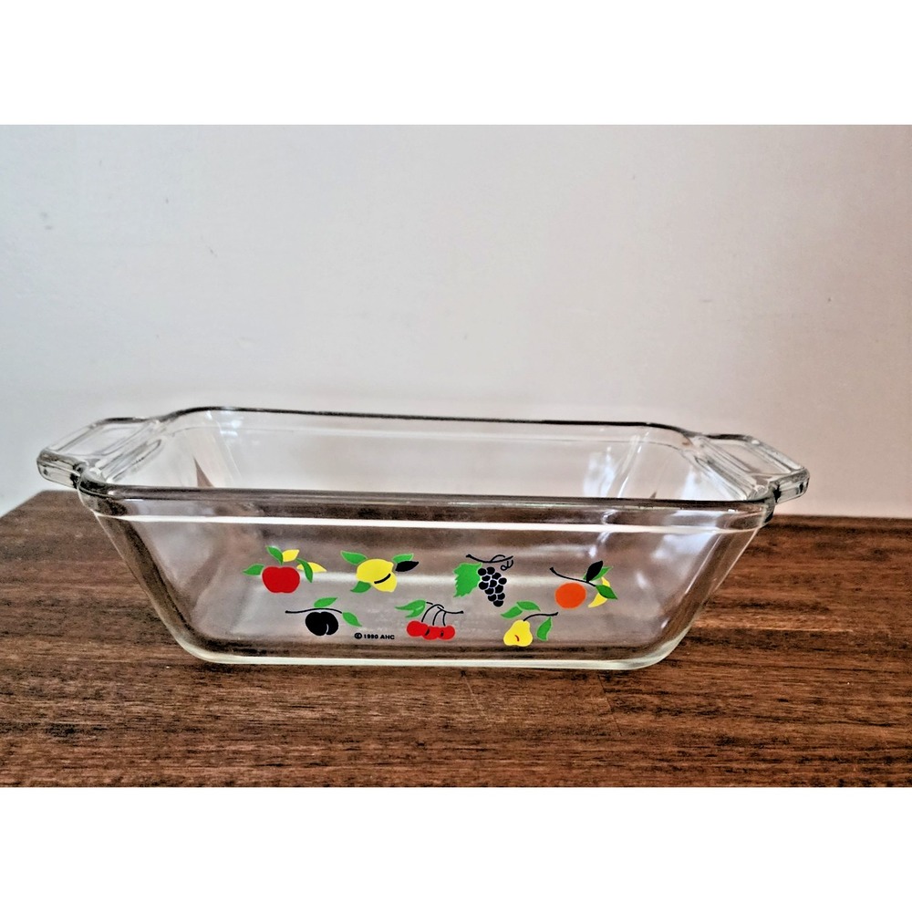 1990 Ovenware Anchor Glass Loaf Pan with Handles & Fruit Motif 1.5 qt.